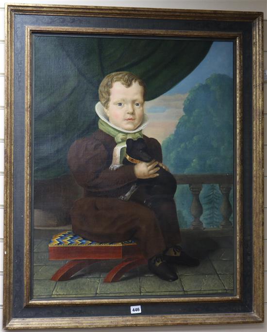 Continental School Portrait of a seated child holding a lap dog 31 x 25in.